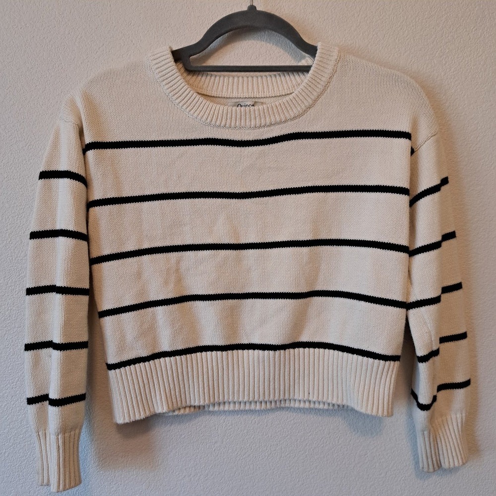 Quince Kids Organic Cotton Striped Crewneck Sweater Ivory Navy Blue Size 10